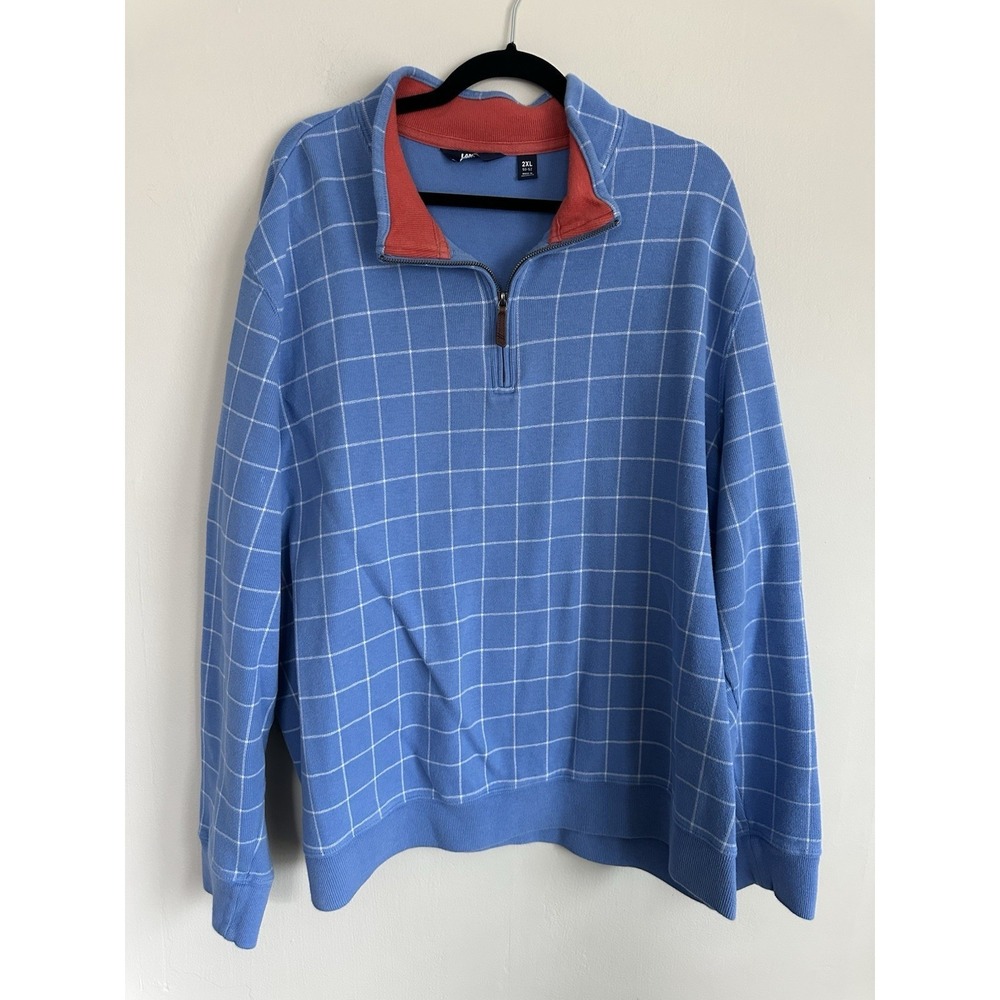 Lands End Pullover Mens 2XL Blue Plaid Sweater Quarter 1/4 Zip Pastel Golf